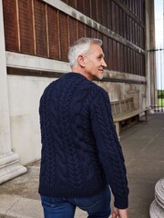 Navy Blue Regular Signature Italian Cashmere Cable Hi-Crew Neck Jumper - Image 3 of 6