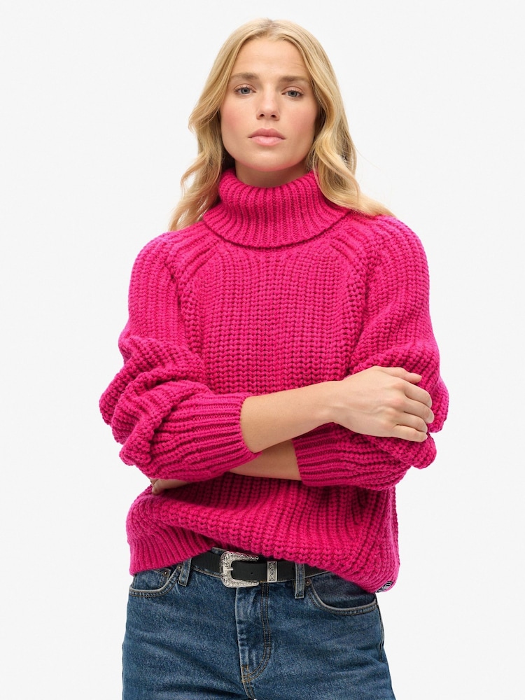 Superdry Hyper Magenta Pink Slouchy Stitch Roll Neck Knit Cardigan - Image 1 of 4