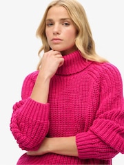 Superdry Hyper Magenta Pink Slouchy Stitch Roll Neck Knit Cardigan - Image 3 of 4