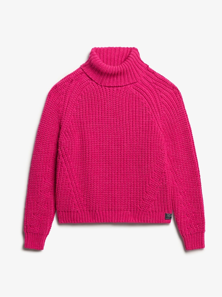 Superdry Hyper Magenta Pink Slouchy Stitch Roll Neck Knit Cardigan - Image 4 of 4