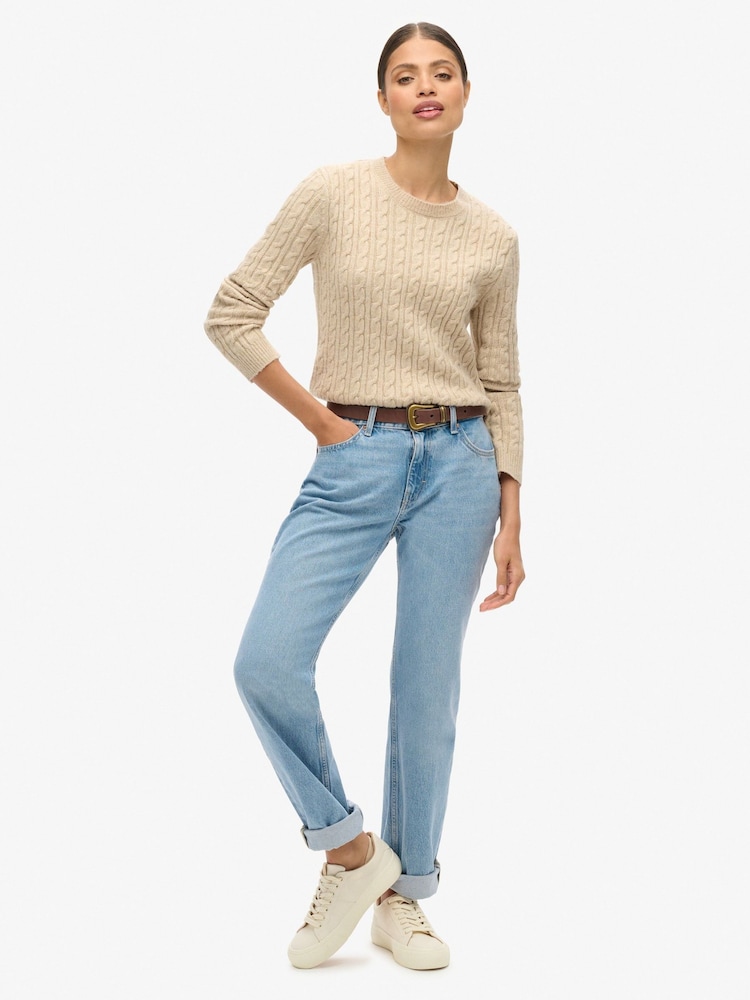 Superdry Safari Beige Marl Fitted Cable Crew Neck Jumper - Image 1 of 5