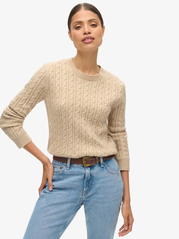 Superdry Safari Beige Marl Fitted Cable Crew Neck Jumper - Image 2 of 5