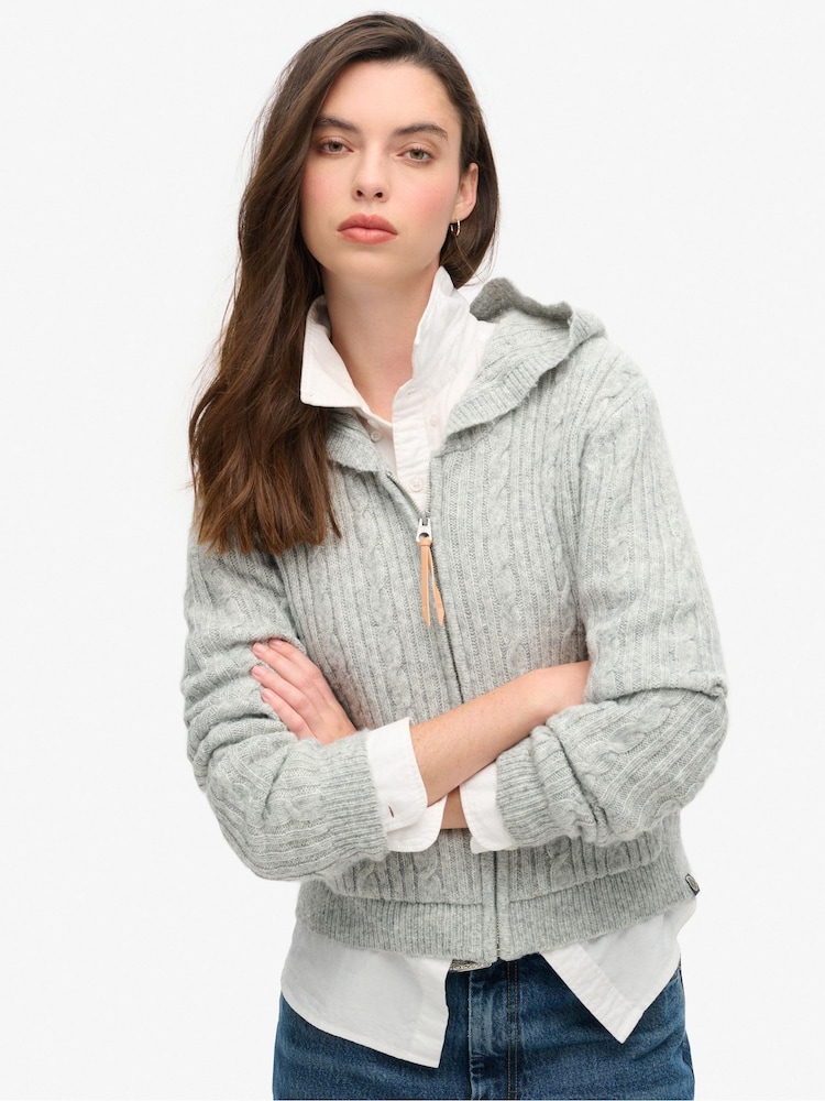Superdry Cable Pale Grey Marl Cable Knit Zip Up Hoodie - Image 1 of 5