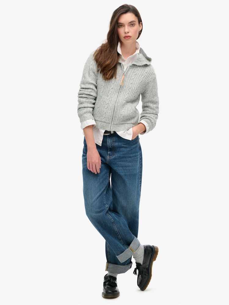 Superdry Cable Pale Grey Marl Cable Knit Zip Up Hoodie - Image 2 of 5
