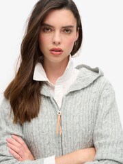 Superdry Cable Pale Grey Marl Cable Knit Zip Up Hoodie - Image 3 of 5