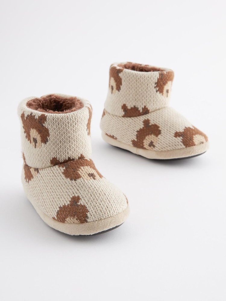 Brown Knitted Bear Warm Lined Slipper Boots - Image 1 of 6