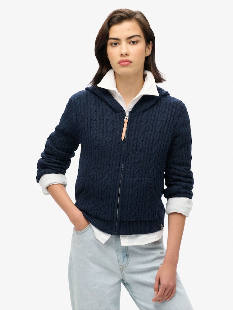 Superdry Nautical Navy Cable Knit Zip Up Hoodie - Image 1 of 5