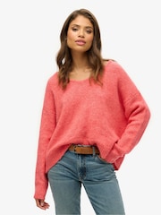 Superdry Coral Red Twist Oversized V-Neck Jumper - Image 1 of 2