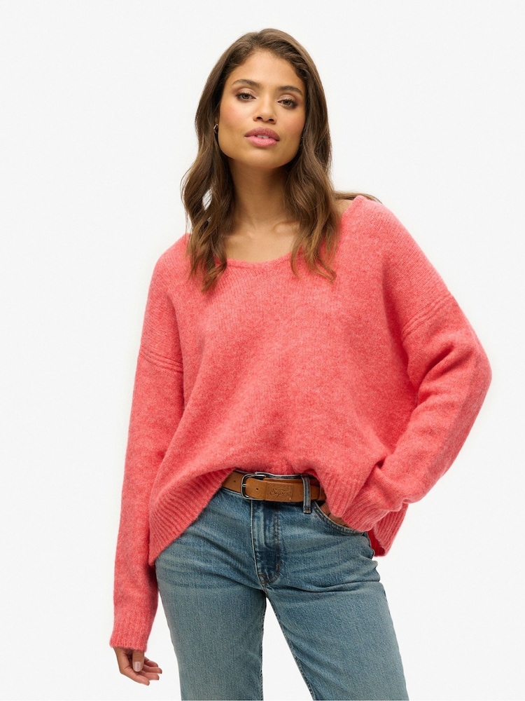 Superdry Coral Red Twist Oversized V-Neck Jumper - Image 1 of 2