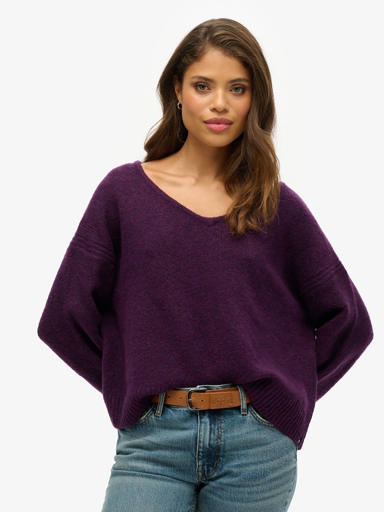 Superdry Deep Plum Purple Twist Oversized V-Neck Jumper - Image 1 of 2