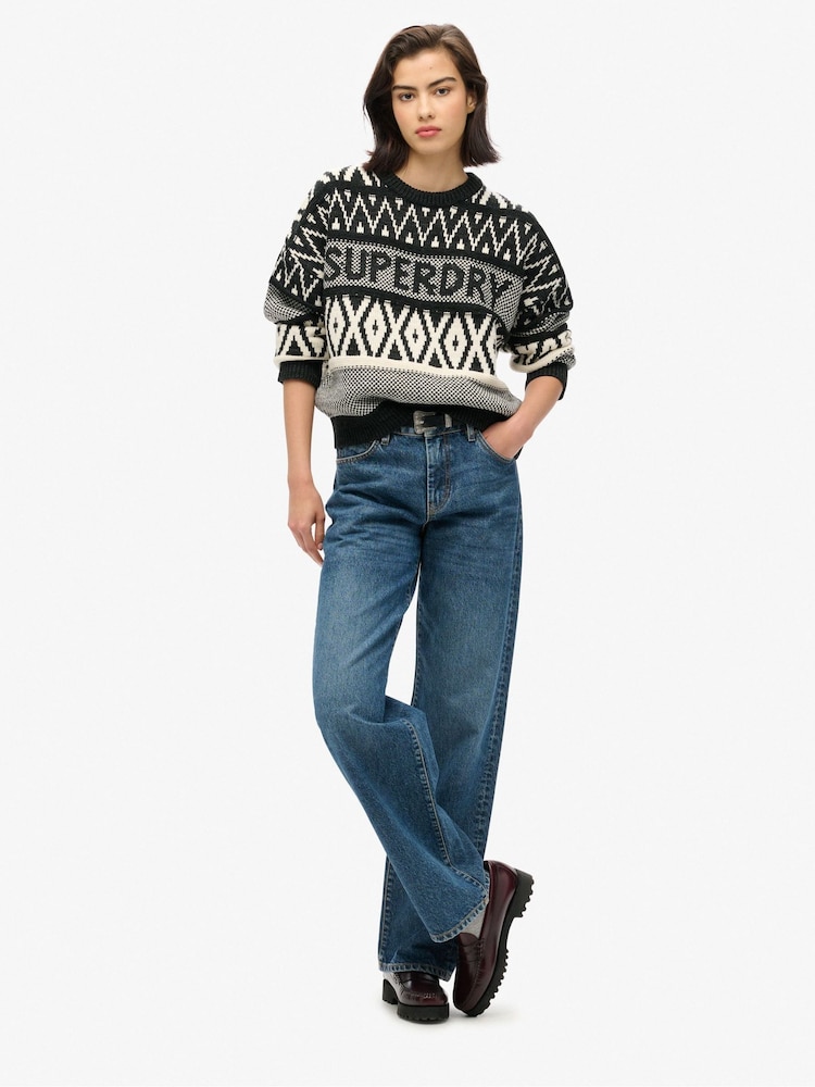 Superdry Black/Ecru Branded Pattern Crew Jumper - Image 1 of 4