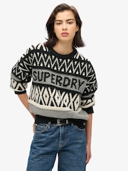 Superdry Black/Ecru Branded Pattern Crew Jumper - Image 2 of 4
