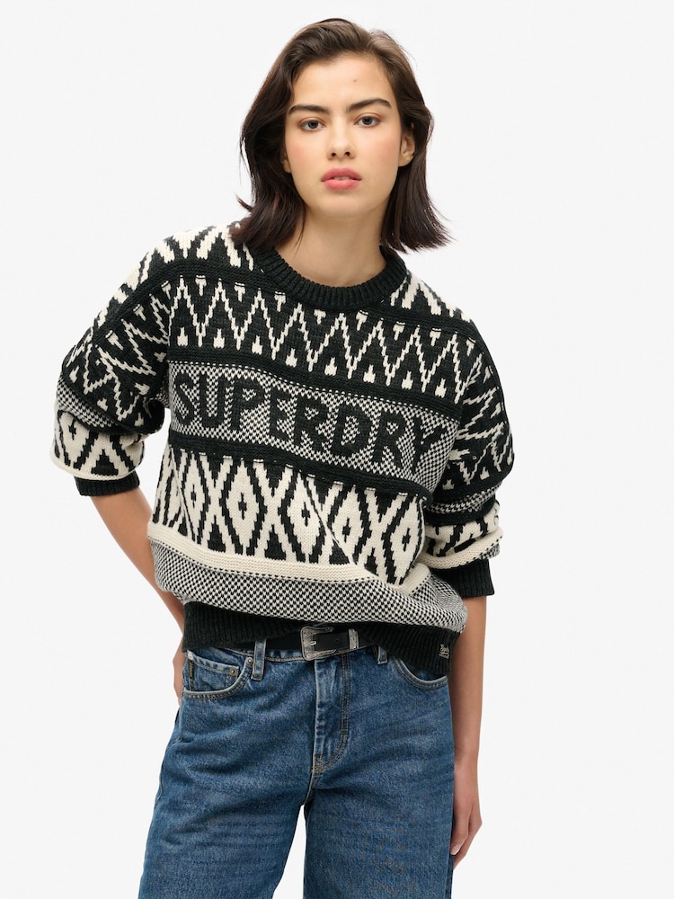 Superdry Black/Ecru Branded Pattern Crew Jumper - Image 2 of 4