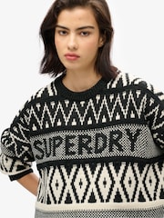 Superdry Black/Ecru Branded Pattern Crew Jumper - Image 3 of 4
