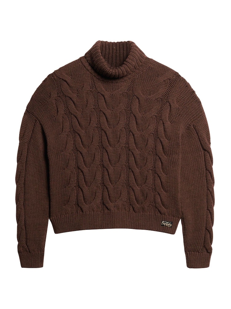 Superdry Brown Coffe Twist Chain Cable Knit Polo Jumper - Image 1 of 5