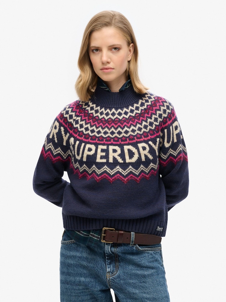 Superdry Island Navy Multi Fairisle Pattern Branded Jumper - Image 1 of 4