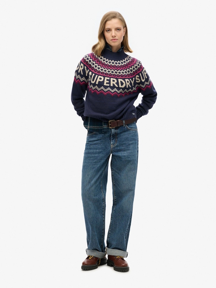 Superdry Island Navy Multi Fairisle Pattern Branded Jumper - Image 2 of 4