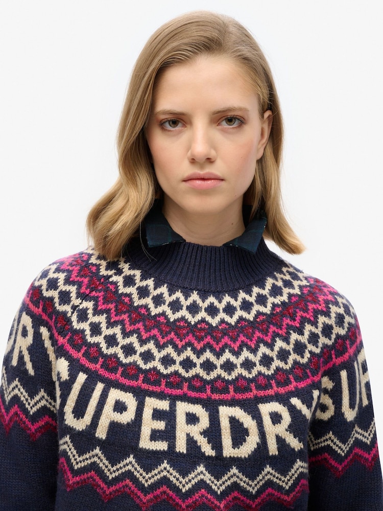 Superdry Island Navy Multi Fairisle Pattern Branded Jumper - Image 3 of 4