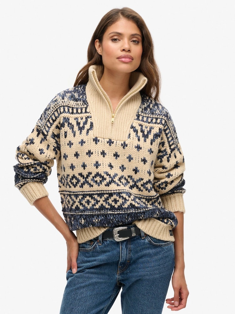 Superdry Island Ecru Ski Lodge Zip Neck Jumper - Image 1 of 5
