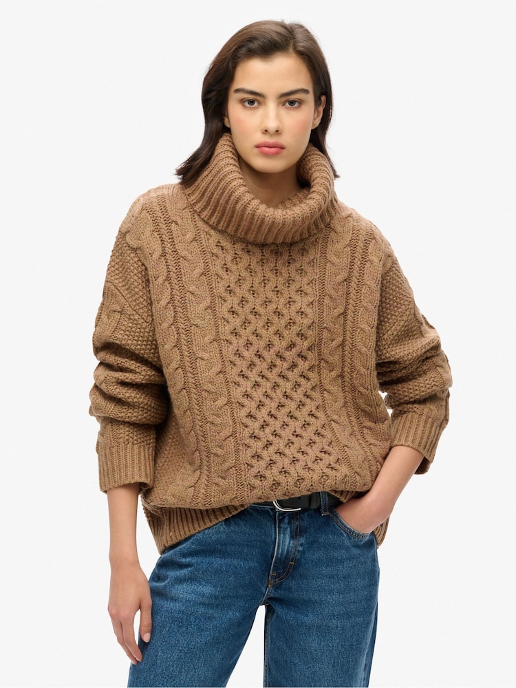 Superdry Caramel Twist Cable Roll Neck Jumper - Image 1 of 4
