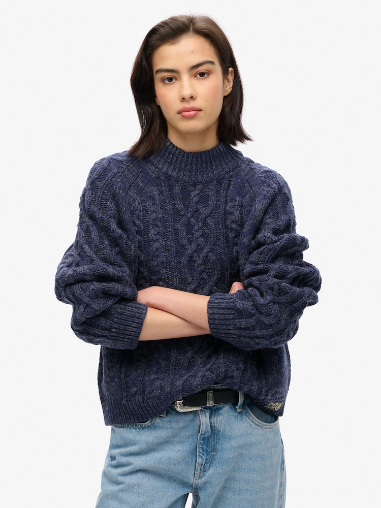 Superdry Island Navy Twist Cable Mock Neck Jumper - Image 1 of 4