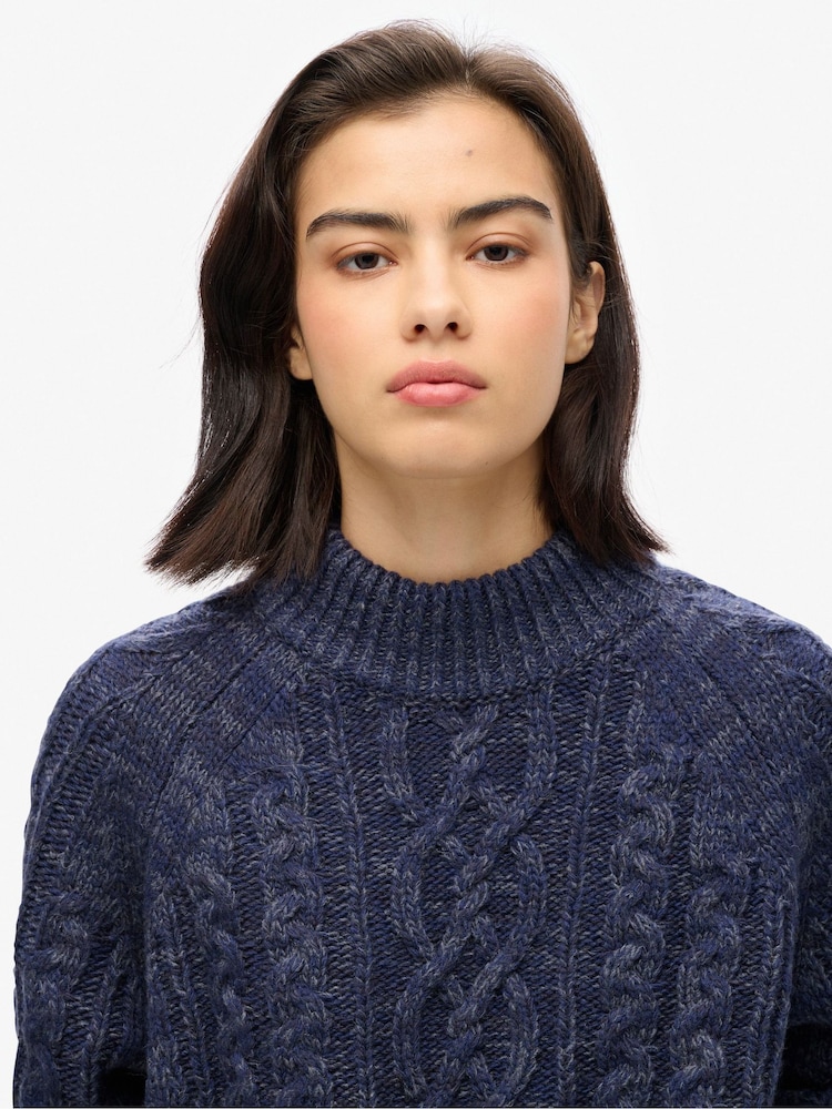 Superdry Island Navy Twist Cable Mock Neck Jumper - Image 2 of 4