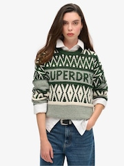 Superdry Darkest Pine Green Branded Pattern Crew Jumper - Image 1 of 5