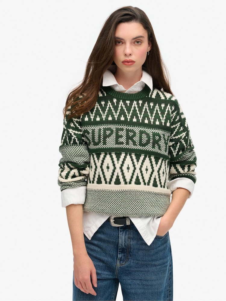 Superdry Darkest Pine Green Branded Pattern Crew Jumper - Image 1 of 5