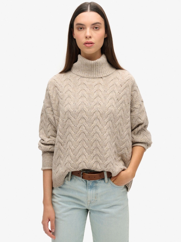 Superdry Beige Twist Cable Roll Neck Jumper - Image 1 of 6