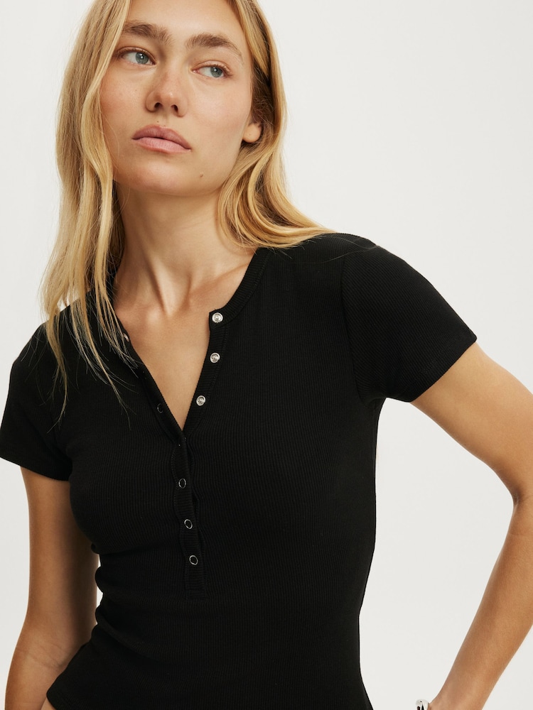 Cotton On Black Blake Short Sleeve Henley Top - Image 4 of 4