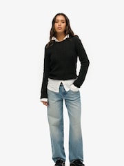 Superdry Black Fitted Cable Crew Neck Jumper - Image 1 of 5
