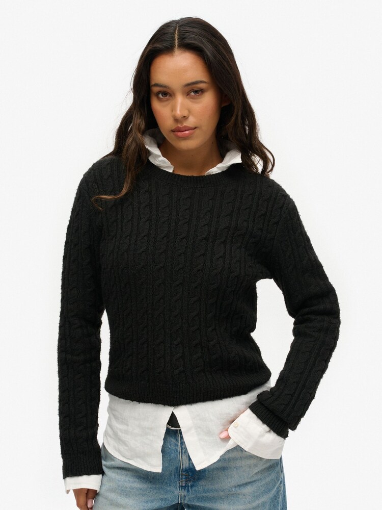 Superdry Black Fitted Cable Crew Neck Jumper - Image 2 of 5