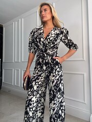 Girl In Mind Black/Cream Spot Fizz Puff Sleeve Wide Leg Jumpsuit - Image 3 of 4