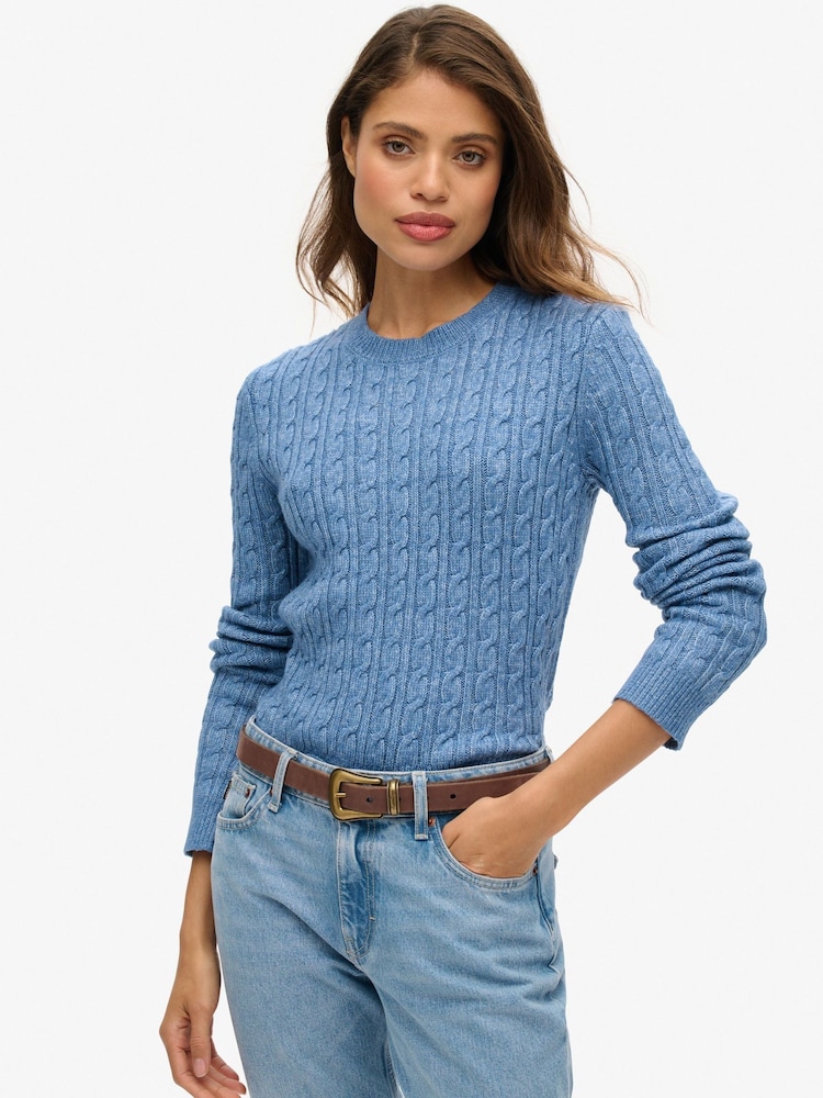 Superdry Wedgewood Blue Fitted Cable Crew Neck Jumper - Image 1 of 5
