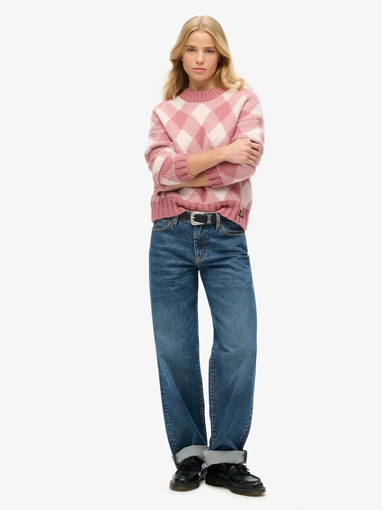 Superdry Mauvewood Pink Argyle Pattern Jumper - Image 1 of 4