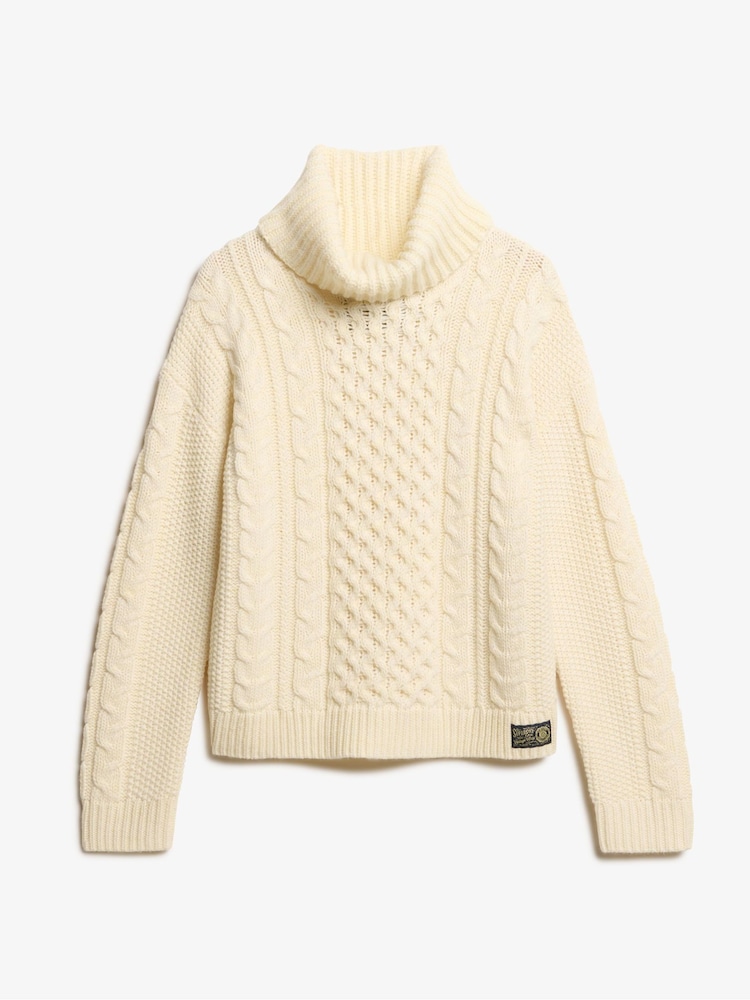 Superdry Island Ecru Cable Roll Neck Jumper - Image 3 of 3
