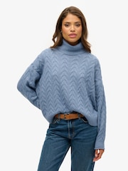 Superdry Mid Blue Twist Cable Roll Neck Jumper - Image 1 of 5
