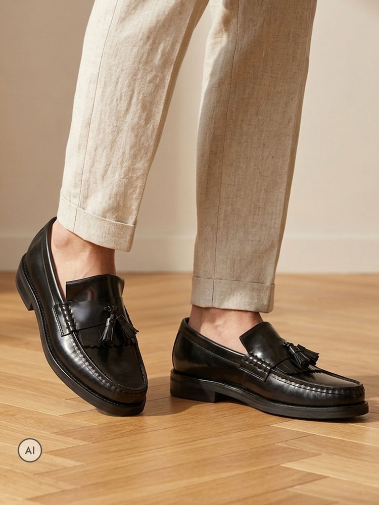 Jones Bootmaker Black Quavon Leather Tasselled Loafers - Image 1 of 6 Jones Bootmaker Black Quavon Leather Tasselled Loafers - Image 1 of 6