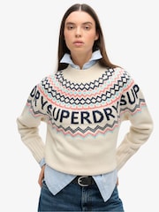 Superdry Island Ecru Multi Fairisle Pattern Branded Jumper - Image 1 of 5