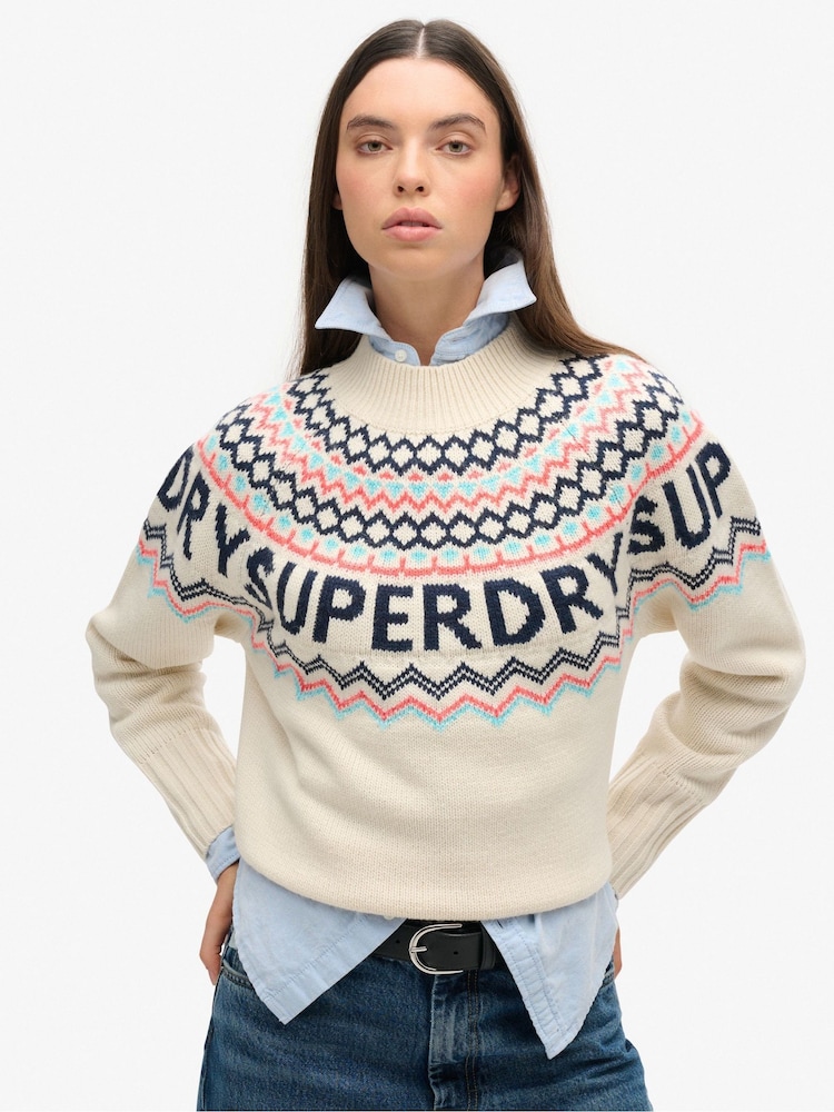 Superdry Island Ecru Multi Fairisle Pattern Branded Jumper - Image 1 of 5