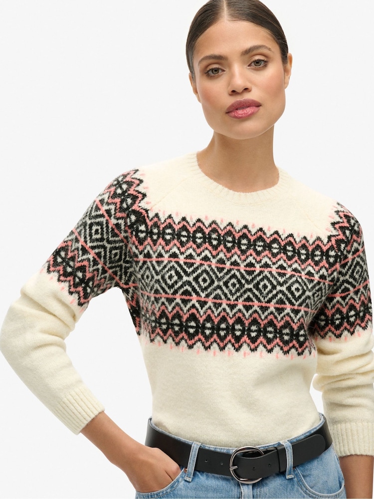 Superdry Ecru Pattern Fairisle Pattern Crew Jumper - Image 1 of 4