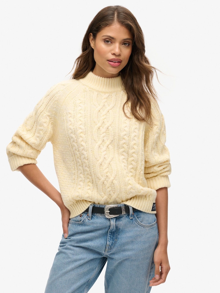 Superdry Island Ecru Cable Mock Neck Jumper - Image 1 of 4
