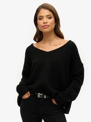 Superdry Black Oversized V-Neck Jumper - Image 1 of 4