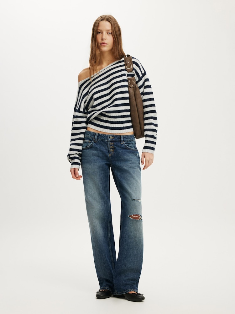 Cotton On Grey Stripe Softest Luxe Off Shoulder Knitwear Jumper - Image 1 of 4