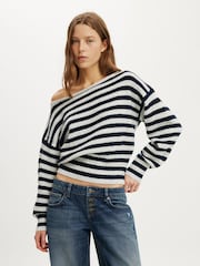 Cotton On Grey Stripe Softest Luxe Off Shoulder Knitwear Jumper - Image 2 of 4