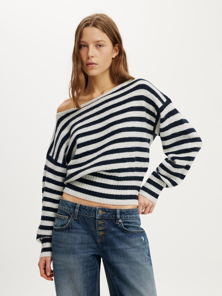 Cotton On Grey Stripe Softest Luxe Off Shoulder Knitwear Jumper - Image 2 of 4