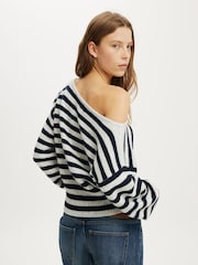 Cotton On Grey Stripe Softest Luxe Off Shoulder Knitwear Jumper - Image 3 of 4