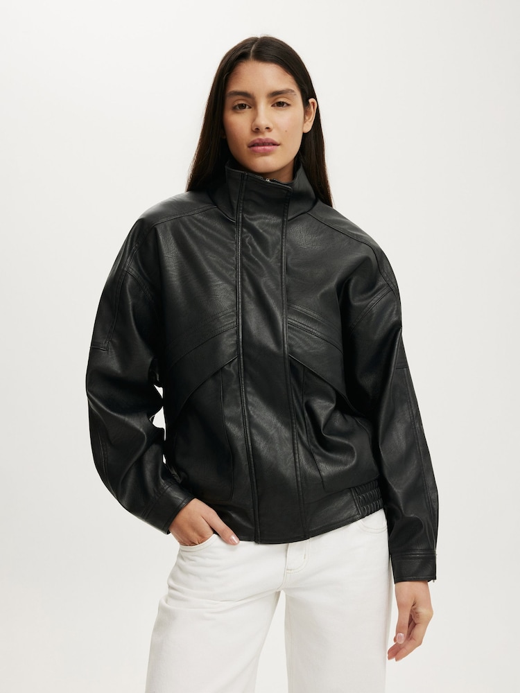 Cotton On Black Theo Faux Leather Bomber Jacket - Image 2 of 4