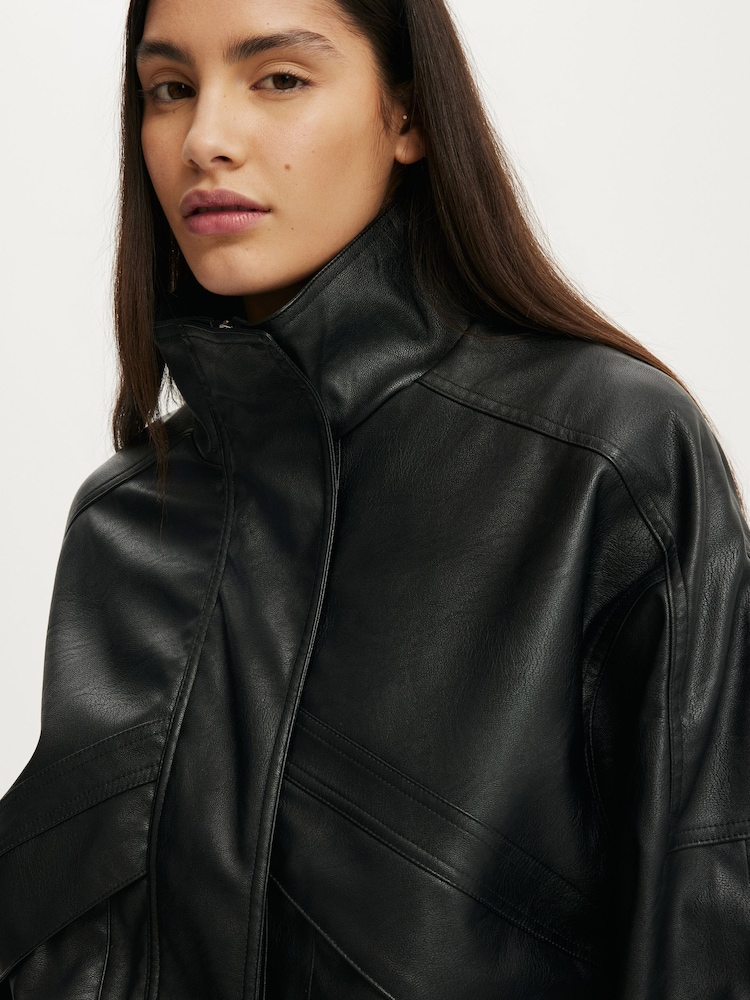Cotton On Black Theo Faux Leather Bomber Jacket - Image 4 of 4