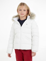 Tommy Hilfiger White Girls Essential Down Faux Fur Hood Jacket - Image 1 of 6